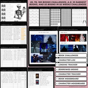 May include: A printable book tracker with a black and white skeleton graphic. The tracker includes sections for character log, borrowed books, lending tracker, character tracker, book moodboard, and character moodboard. The tracker also includes challenges for reading 20, 70, 100, and 52 books.