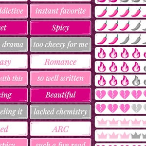 May include: A set of digital stickers for a reading journal. The stickers are pink, white, and gray with various designs, including hearts, stars, chili peppers, and crowns. The stickers are labeled with words like "book", "paperback", "spicy", "romance", "beautiful", and "dark".