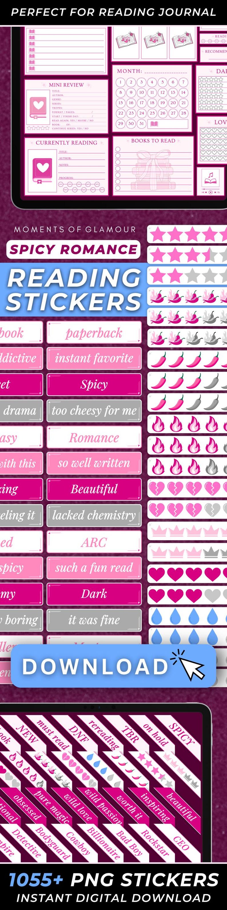 May include: A set of digital stickers for a reading journal. The stickers are pink, white, and gray with various designs, including hearts, stars, chili peppers, and crowns. The stickers are labeled with words like "book", "paperback", "spicy", "romance", "beautiful", and "dark".