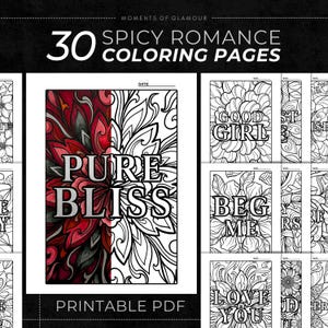 May include: A collection of 30 spicy romance coloring pages in a printable PDF format. The main page features a floral mandala design with the text PURE BLISS, half colored in red and black and half in black and white outlines. Other pages show text like GOOD GIRL, BEG ME, and LOVE YOU.