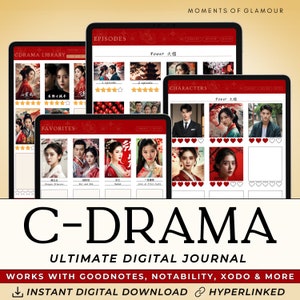 May include: A digital journal template for C-Drama fans. The template is designed for use with note-taking apps such as Goodnotes, Notability, Xodo, and more. The template features a red and white colour scheme with a variety of sections, including a library, favourites, episodes, and characters. The template is hyperlinked and includes a download button.