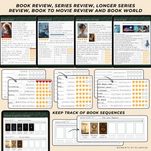 May include: A digital book tracking planner featuring templates for book reviews, series reviews, book-to-movie comparisons, and world-building details. The layout includes star and heart rating systems, reading order trackers, and sections for notes and summaries.