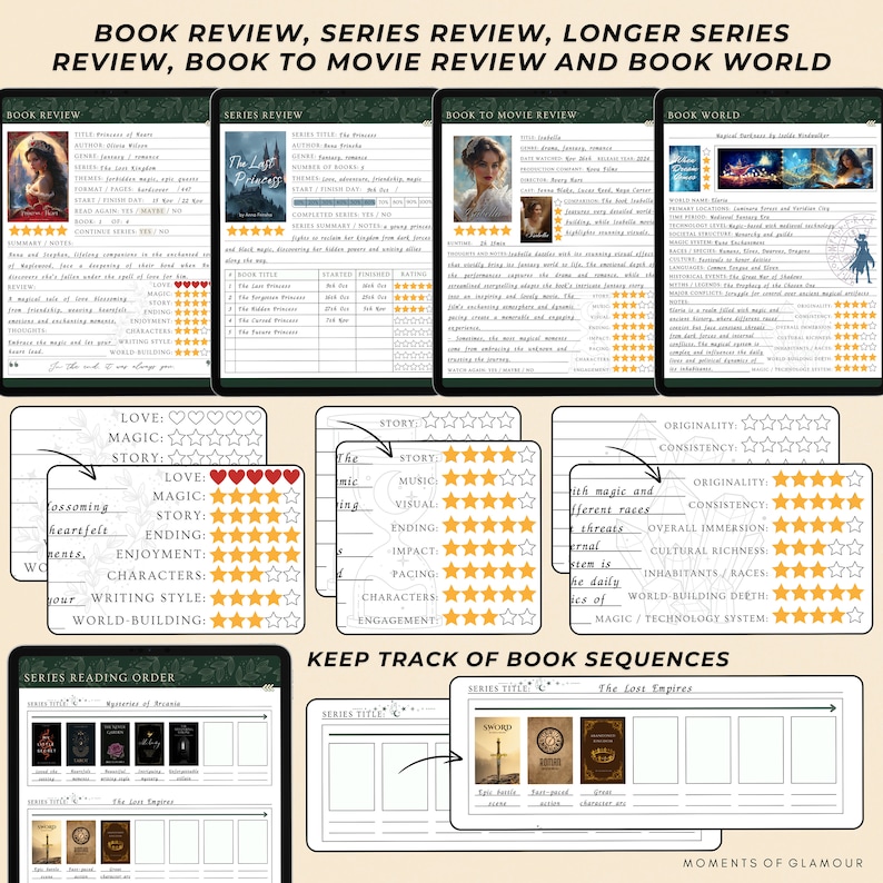 May include: A digital book tracking planner featuring templates for book reviews, series reviews, book-to-movie comparisons, and world-building details. The layout includes star and heart rating systems, reading order trackers, and sections for notes and summaries.