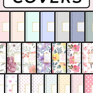 Op de afbeelding: Een digitale download van 100+ notitieboekomslagen met bloemen-, geometrische en stippenpatronen in roze, blauw, groen en wit. De tekst "100+ Digital Notebook Covers" en "Instant Digital Download" wordt weergegeven op de afbeelding.
