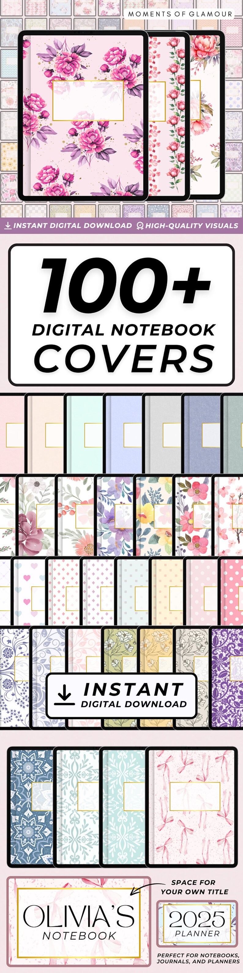 Op de afbeelding: Een digitale download van 100+ notitieboekomslagen met bloemen-, geometrische en stippenpatronen in roze, blauw, groen en wit. De tekst "100+ Digital Notebook Covers" en "Instant Digital Download" wordt weergegeven op de afbeelding.