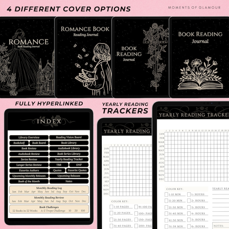 May include: Four different cover options for a romance book reading journal. The covers feature a black background with gold illustrations of a woman reading, a book, and flowers. The text "Romance Book Reading Journal" is displayed on the cover. The journal includes a fully hyperlinked index and yearly reading trackers.