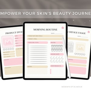 May include: Three digital planner pages on a tablet screen with a pink and beige color scheme. The pages are titled "Product Inventory", "Morning Routine", and "Device Usage". Each page has a section for tracking skincare products, water intake, sleep, and device usage.