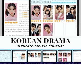 May include: A digital planner for Korean drama fans. The planner includes sections for reviews, favorites, watchlist, notes, episodes, characters, and a watchlist. The planner is compatible with Goodnotes, Xodo, Noteshelf, and more.