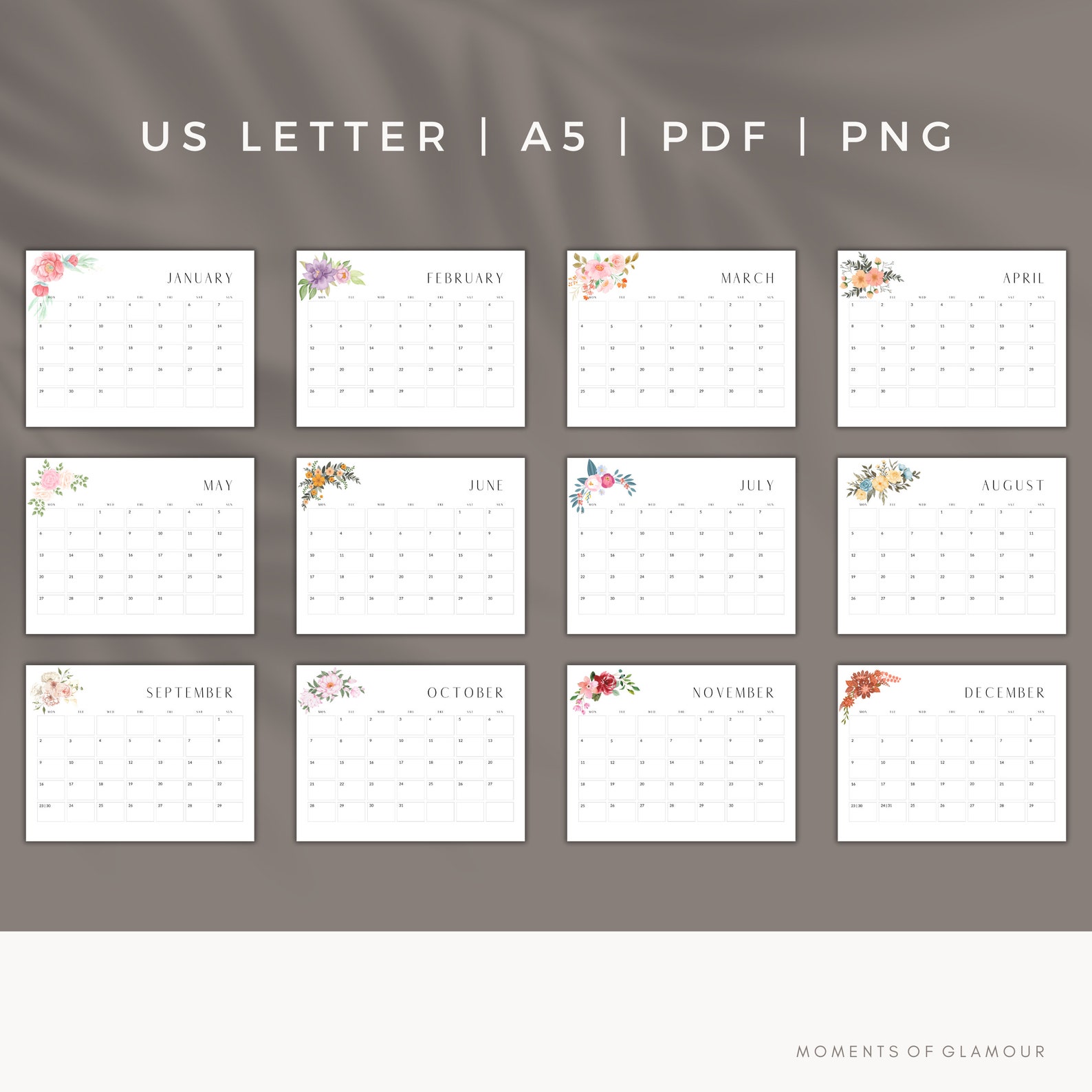 2024 Monthly Calendar Floral Desk Calendar Printable Calendar Planner