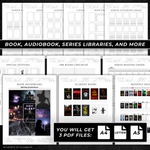 Puede incluir: Una colecci&oacute;n de p&aacute;ginas imprimibles para seguimiento de libros con plantillas para bibliotecas de terror, listas de lectura, &oacute;rdenes de series y moodboards. Las hojas incluyen secciones para portadas, valoraciones y registros mensuales, disponibles en A4, Letter y A5.