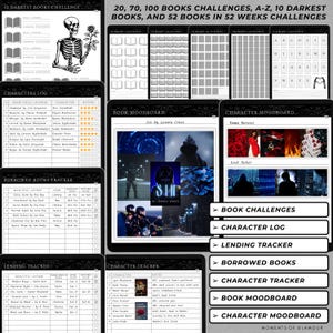 May include: A printable book tracker with a black and white skeleton illustration. The tracker includes sections for character log, book moodboard, character moodboard, borrowed books tracker, lending tracker, and character tracker. The text "10 Darkest Books Challenge" is at the top of the page.