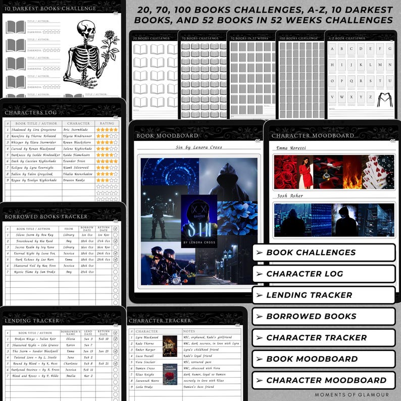 May include: A printable book tracker with a black and white skeleton illustration. The tracker includes sections for character log, book moodboard, character moodboard, borrowed books tracker, lending tracker, and character tracker. The text "10 Darkest Books Challenge" is at the top of the page.