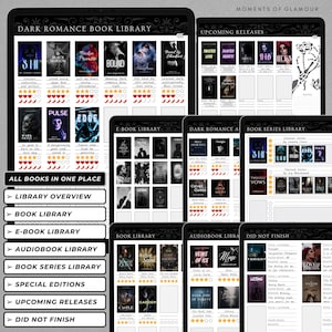 May include: A digital planner for tracking dark romance books read, with sections for library overview, book library, e-book library, audiobook library, book series library, special editions, upcoming releases, and did not finish. The planner features a black and white color scheme with red accents.