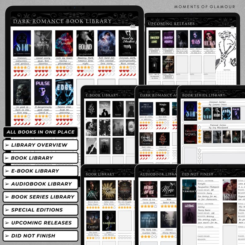 May include: A digital planner for tracking dark romance books read, with sections for library overview, book library, e-book library, audiobook library, book series library, special editions, upcoming releases, and did not finish. The planner features a black and white color scheme with red accents.