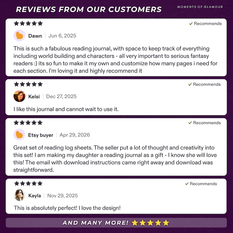 May include: A digital graphic displaying four customer reviews for a reading journal. Each review features five stars, a user name, a date, and text comments. The header reads REVIEWS FROM OUR CUSTOMERS and the footer says AND MANY MORE! with five stars.