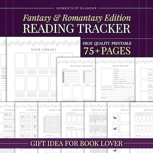 May include: A printable reading tracker set featuring over 75 pages with a Fantasy and Romantasy theme. The white pages include black text and line art, with sections for book library, monthly reading, book reviews, and yearly reading logs.
