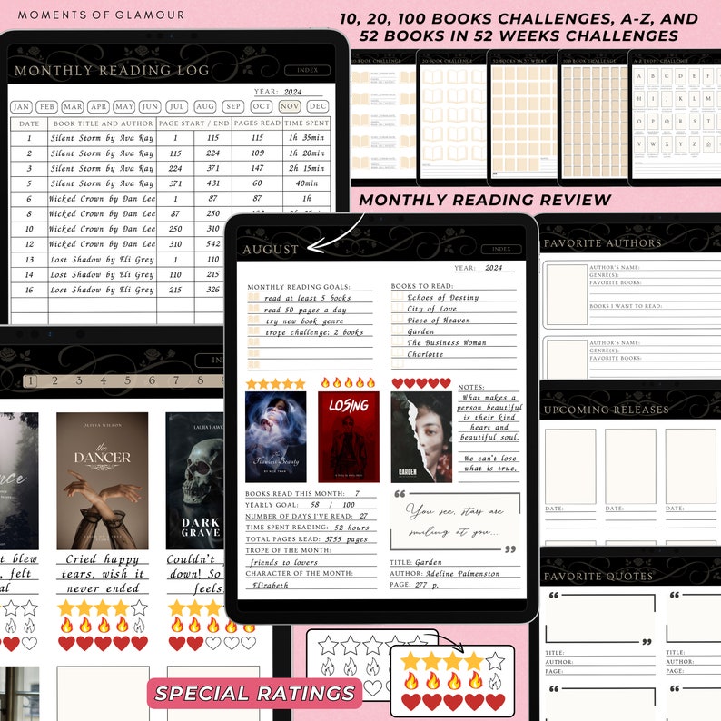 May include: A black and white planner with a monthly reading log, a monthly reading review, and a special ratings section. The planner includes sections for favorite authors, upcoming releases, and favorite quotes. The planner has a black background with gold accents.