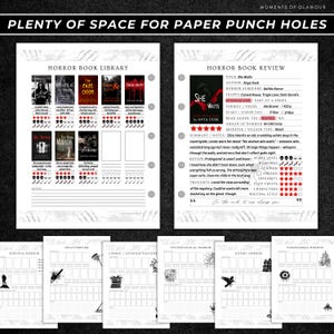 Puede incluir: Un conjunto de p&aacute;ginas de planificador digital para el seguimiento de libros de terror, que incluye un registro de biblioteca con portadas y valoraciones, una plantilla de rese&ntilde;a detallada para She Waits de Anya Dusk y hojas de seguimiento.