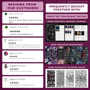 May include: A collage of images showcasing dark romance themed products. The top image shows a dark romance reading journal with a black cover and gold lettering. The second image shows a set of five bookmarks with different designs featuring dark romance themes. The third image shows a set of four coloring pages with intricate designs featuring dark romance themes. The text "Dark Romance Reading Journal", "Dark Romance Bookmarks", and "Dark Romance Coloring Pages" is visible in the image.