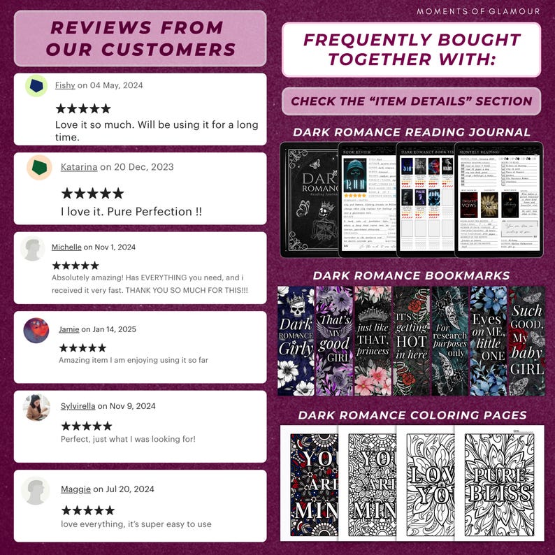 May include: A collage of images showcasing dark romance themed products. The top image shows a dark romance reading journal with a black cover and gold lettering. The second image shows a set of five bookmarks with different designs featuring dark romance themes. The third image shows a set of four coloring pages with intricate designs featuring dark romance themes. The text "Dark Romance Reading Journal", "Dark Romance Bookmarks", and "Dark Romance Coloring Pages" is visible in the image.