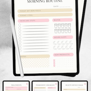 May include: A digital printable skincare routine tracker with sections for morning routine, treatments, ingredient checklist, and beauty device usage. The tracker includes checkboxes, spaces for notes, and a date field.