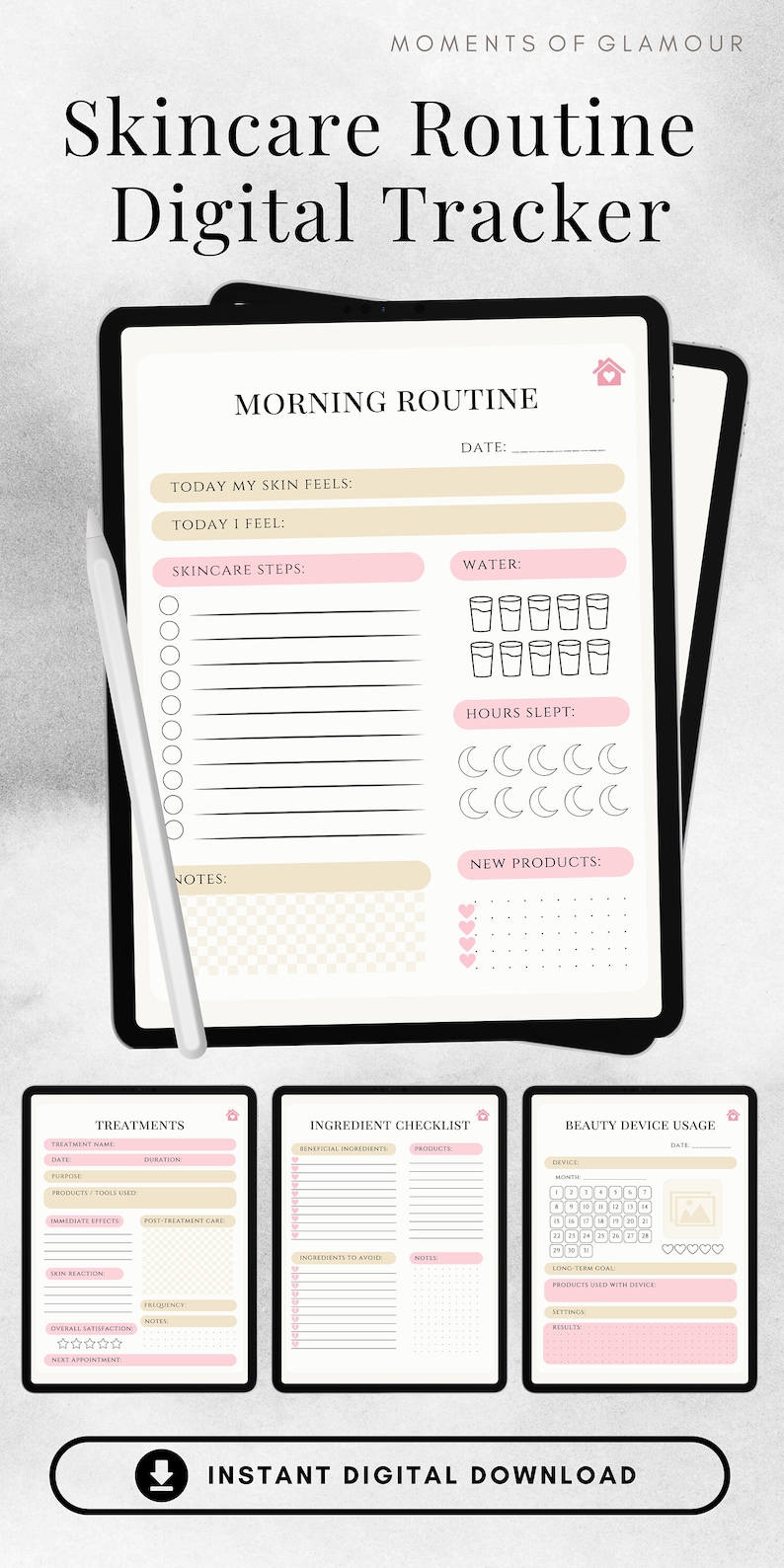 May include: A digital printable skincare routine tracker with sections for morning routine, treatments, ingredient checklist, and beauty device usage. The tracker includes checkboxes, spaces for notes, and a date field.