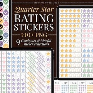 以下が含まれることがあります： 910個以上のPNGファイルを含むQuarter Star Rating Stickersのデジタルステッカーセット。GoodnotesおよびNoteful用の9種類のステッカーコレクションが含まれており、パステルカラーの星評価、チェックマーク、円形のアイコンがタブレット画面上に表示されています。