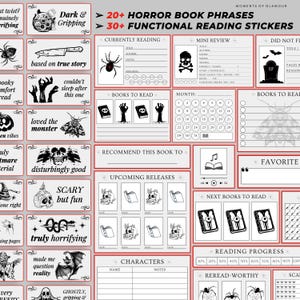 以下が含まれることがあります： 「Dark & Gripping」や「Truly Horrifying」などのフレーズが書かれた、ホラーをテーマにした読書用ステッカーのコレクション。本のレビュー、読書進捗、今後のリリース用のステッカーが含まれています。不気味なイラストが特徴です。