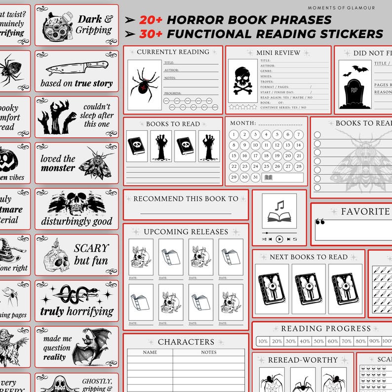以下が含まれることがあります： 「Dark & Gripping」や「Truly Horrifying」などのフレーズが書かれた、ホラーをテーマにした読書用ステッカーのコレクション。本のレビュー、読書進捗、今後のリリース用のステッカーが含まれています。不気味なイラストが特徴です。