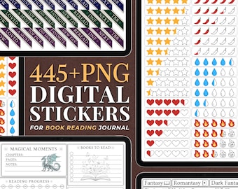 May include: A collection of 445+ PNG digital stickers for a book reading journal, featuring rating scales with stars, chilli peppers, water drops, and flames, alongside colourful tab labels, genre tags, and page templates with dragon and floral icons.