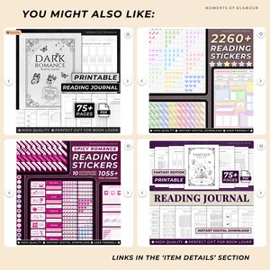 May include: A digital collection of printable reading journals and sticker sets featuring themes like Dark Romance, Fantasy, and Spicy Romance. The graphics include skeletons, crowns, butterflies, and various rating icons across multiple pages.