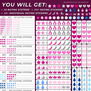 May include: A set of 20 rating systems with over 215 rating stickers. The stickers include stars, hearts, crowns, chili peppers, and raindrops in various colors and sizes. The rating systems are labeled "My Rating System".