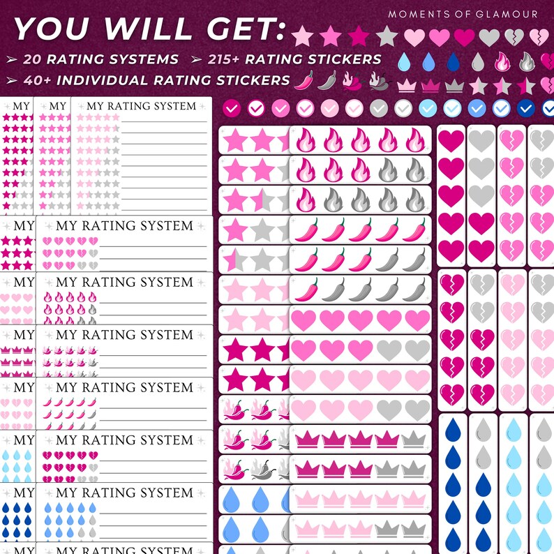 May include: A set of 20 rating systems with over 215 rating stickers. The stickers include stars, hearts, crowns, chili peppers, and raindrops in various colors and sizes. The rating systems are labeled "My Rating System".