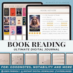 Könnte beinhalten: Ein digitales Journal für Bücherliebhaber mit einer Buchrezensionsvorlage, einem Bücherregal-Tracker, einer Lesechallenge und einem Abschnitt für Lieblingszitate. Das Journal ist für die Verwendung mit Goodnotes, Notability und anderen Notiz-Apps konzipiert. Der Text "BOOK READING ULTIMATE DIGITAL JOURNAL" wird in großen, fetten Buchstaben angezeigt.