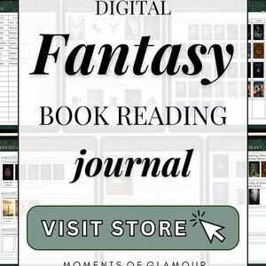 May include: A digital fantasy reading journal featuring a dark green cover with gold celestial illustrations. The interior pages include book libraries, character logs, series reviews, reading challenges, and monthly trackers for tracking fantasy and romance novels.