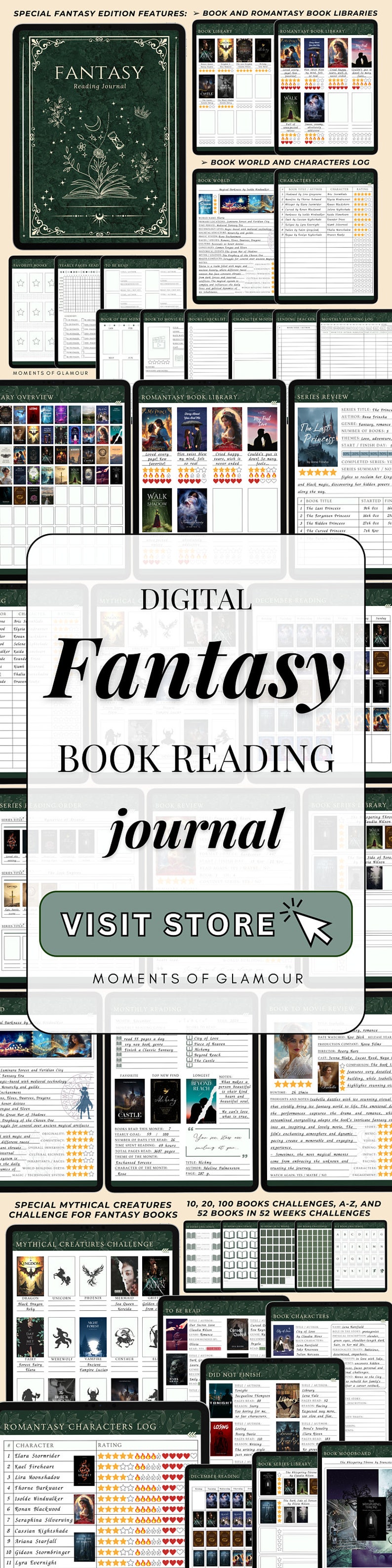 May include: A digital fantasy reading journal featuring a dark green cover with gold celestial illustrations. The interior pages include book libraries, character logs, series reviews, reading challenges, and monthly trackers for tracking fantasy and romance novels.