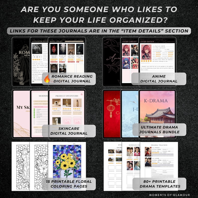 Pu&ograve; includere: Una collezione di diari digitali e stampabili che include un diario di lettura romantica, diario anime, diario per la cura della pelle, pacchetto K-drama, 15 pagine da colorare floreali e oltre 80 modelli di dramma con il testo ARE YOU SOMEONE WHO LIKES TO KEEP YOUR LIFE ORGANIZED?