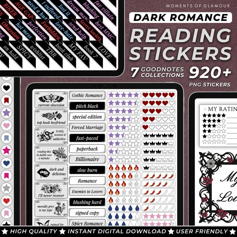 May include: A digital download of 920+ dark romance reading stickers for Goodnotes. The stickers feature a variety of designs, including hearts, stars, crowns, flames, and chili peppers. The stickers are perfect for adding a touch of romance to your digital planner or journal.