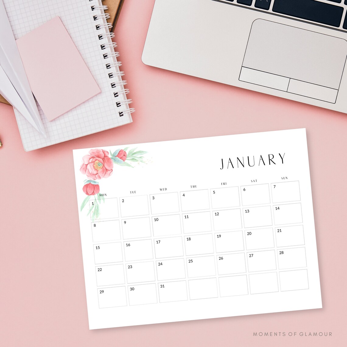 2024 Monthly Calendar Floral Desk Calendar Printable Calendar Planner