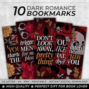 Könnte beinhalten: Zehn Dark-Romance-Lesezeichen mit verschiedenen Designs. Die Lesezeichen zeigen Text, Blumen, Schmetterlinge und einen Totenkopf. Das Farbschema ist hauptsächlich Rot, Schwarz und Gold. Der Text auf den Lesezeichen enthält Sätze wie "Don't Look Away" und "You Started This".