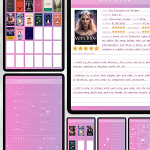 Puede incluir: Un diario de lectura digital imprimible con un fondo degradado rosa y morado. El diario incluye secciones para una biblioteca, estad&iacute;sticas de lectura, rese&ntilde;as de libros y un desaf&iacute;o de estanter&iacute;a. El texto "Diario de lectura de libros digitales" est&aacute; en la parte superior de la imagen. El texto "Descargar" est&aacute; en la parte inferior de la imagen.