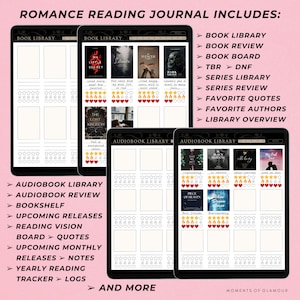 May include: A digital planner for romance book lovers. The planner includes sections for tracking books read, favorite quotes, and authors. The planner also includes sections for tracking audiobooks, upcoming releases, and yearly reading goals.