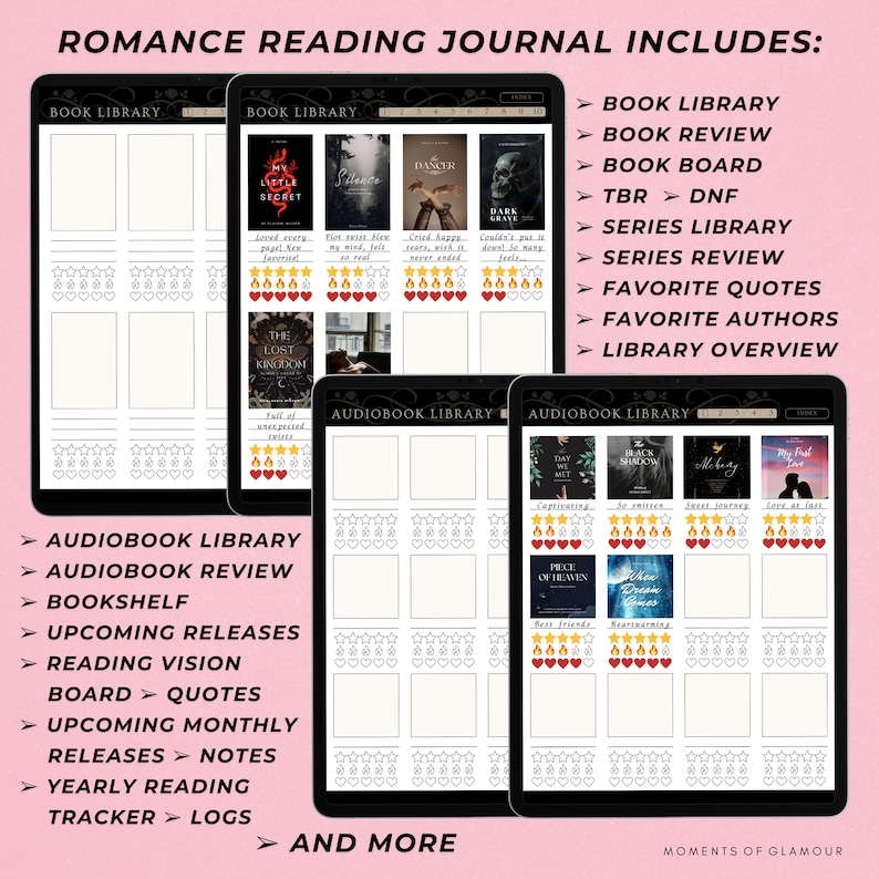 May include: A digital planner for romance book lovers. The planner includes sections for tracking books read, favorite quotes, and authors. The planner also includes sections for tracking audiobooks, upcoming releases, and yearly reading goals.