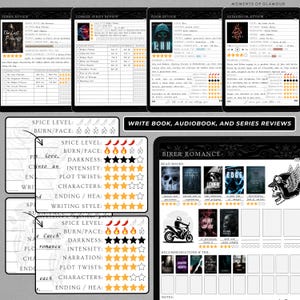 May include: A printable book, audiobook, and series review tracker with a black and white design. The tracker includes sections for rating the spice level, burn/pace, darkness, intensity, plot twists, characters, and ending/HEA. The tracker also includes a section for writing style and a section for recommendations and to be read.