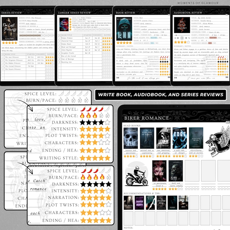 May include: A printable book, audiobook, and series review tracker with a black and white design. The tracker includes sections for rating the spice level, burn/pace, darkness, intensity, plot twists, characters, and ending/HEA. The tracker also includes a section for writing style and a section for recommendations and to be read.