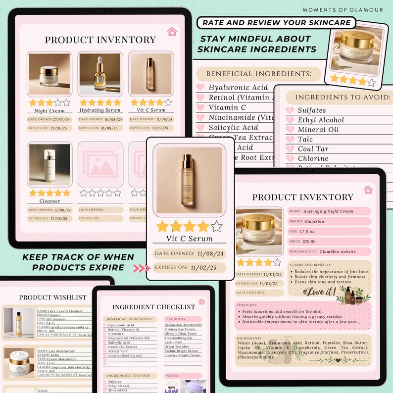 Skin Care Routine Journal Digital Self Care Planner for Skincare Logging Digital Skin Care Tracker Skin Product Inventory Beauty Checklist bild 6