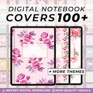 Op de afbeelding: Een set van drie digitale notitieboekomslagen met bloemmotieven met roze en paarse bloemen op een lichtroze achtergrond. De tekst "DIGITAL NOTEBOOK COVERS 100+ + MORE THEMES" wordt bovenaan de afbeelding weergegeven. De tekst "INSTANT DIGITAL DOWNLOAD HIGH-QUALITY VISUALS" wordt onderaan de afbeelding weergegeven.