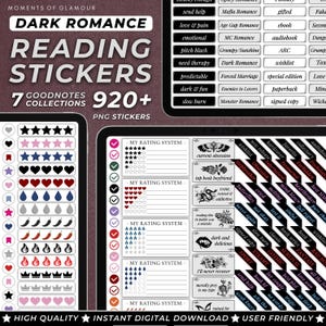 May include: Digital reading stickers with a dark romance theme. The image shows sticker sheets with various designs, including stars, hearts, and text labels like "slow burn" and "enemies to lovers". The stickers are designed for use with GoodNotes.