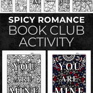 Pu&ograve; includere: Una collezione di pagine da colorare stampabili con intricati motivi floreali e testo che include SAIT, MO, KIM, GO, AL MI, PURE BLISS e YOU ARE MINE. Le pagine sono in bianco e nero, con un esempio mostrato colorato in rosso, blu e grigio.