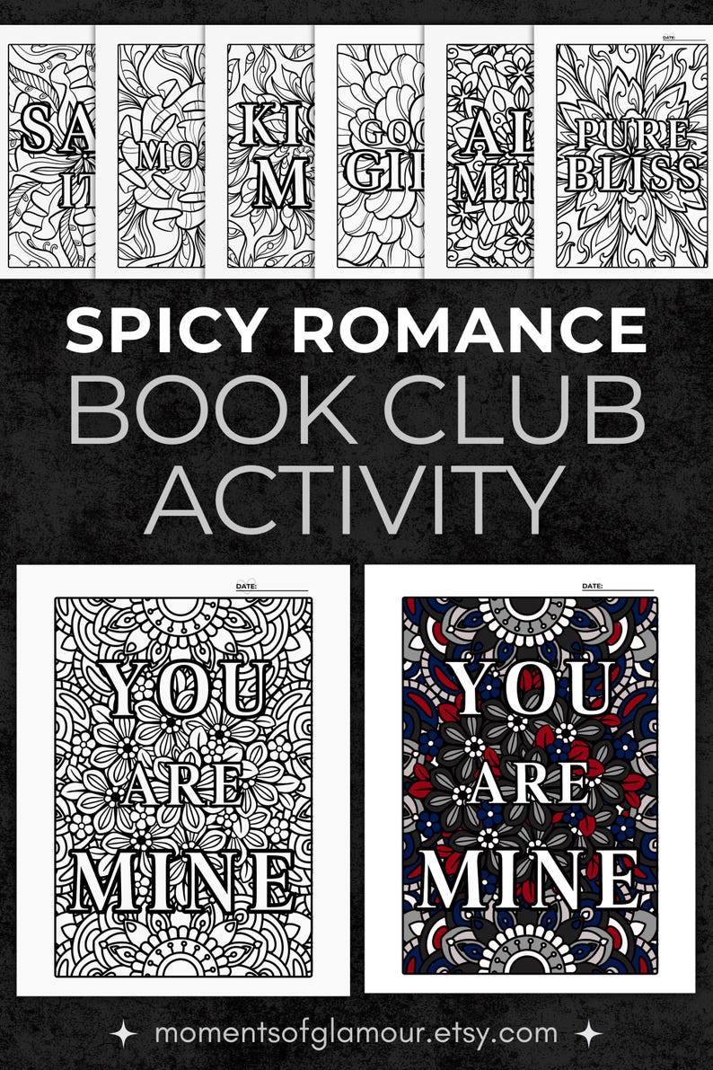 Pu&ograve; includere: Una collezione di pagine da colorare stampabili con intricati motivi floreali e testo che include SAIT, MO, KIM, GO, AL MI, PURE BLISS e YOU ARE MINE. Le pagine sono in bianco e nero, con un esempio mostrato colorato in rosso, blu e grigio.